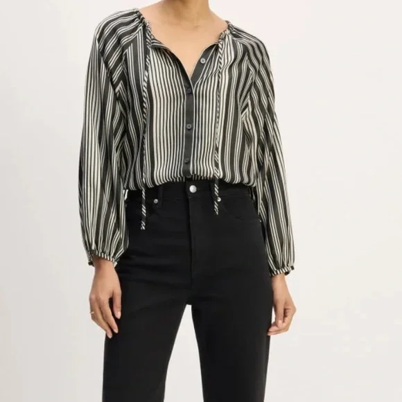 Everlane striped blouse shirt cream bone black button front tie tencel small - Picture 10 of 10